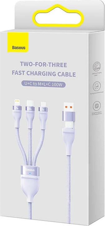 Kabllo 3-në-1 Baseus Flash Series 2, 1.2m, USB-C + micro USB + Lightning, 100W, vjollcë
