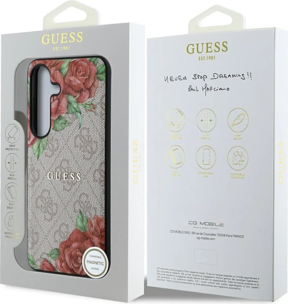 Mbështjellës Guess Leather 4G Flowers Print Metal Classic Logo MagSafe për Samsung Galaxy S25, Rozë
