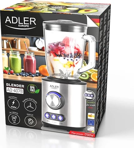 Blender, Adler AD 4078, 1.5L gotë qelqi, 800W nominal 1700W max, 2 shpejtësi, programe smoothie/ice crush/pulse, trup inoks