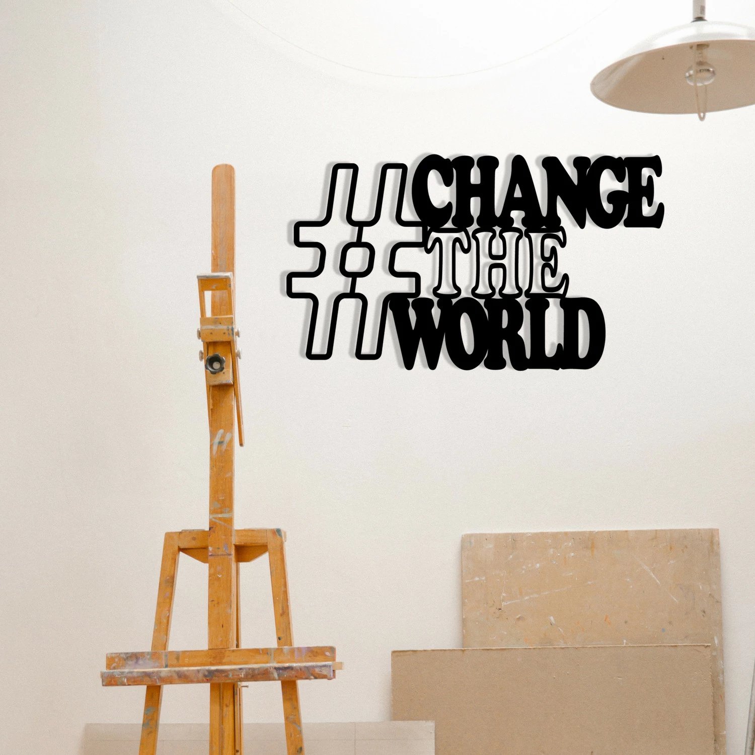 Aksesor dekorativ metalik për mur, Wallity, #CHANGE THE WORLD, ngjyrë e zezë, 70x40cm