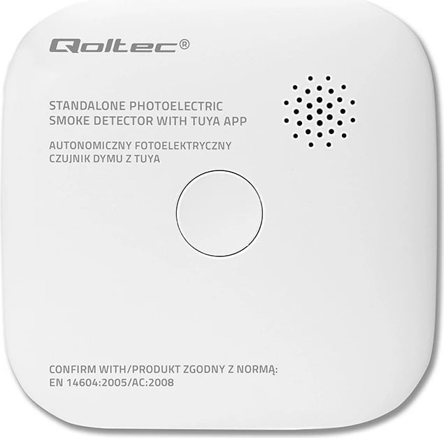 Detektor tymi smart Qoltec 52579, Wi‑Fi Tuya, alarm 85 dB, LED, me bateri CR123A 3V, i bardhë