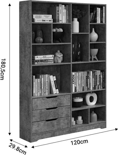 Raft librash Lucinda, ngjyrë gri-gështenjë, 120x29.8x180.5cm