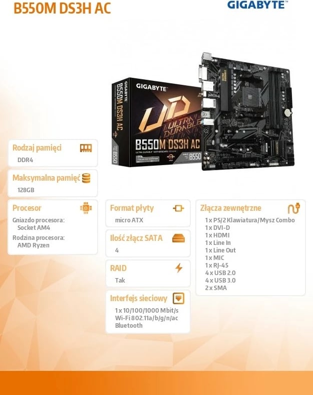 Pllakë amë Gigabyte B550M DS3H AC, Socket AM4, micro ATX, WiFi