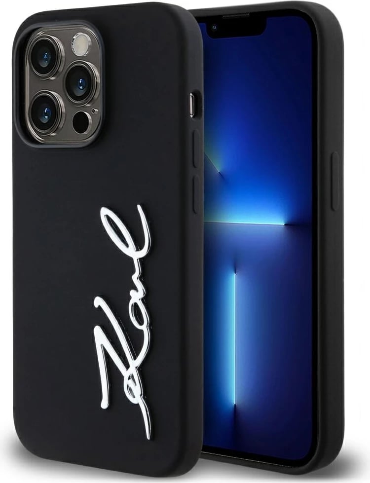 Mbështjellës Karl Lagerfeld Silicone Metal Script Logo për iPhone 14 Pro, i zi