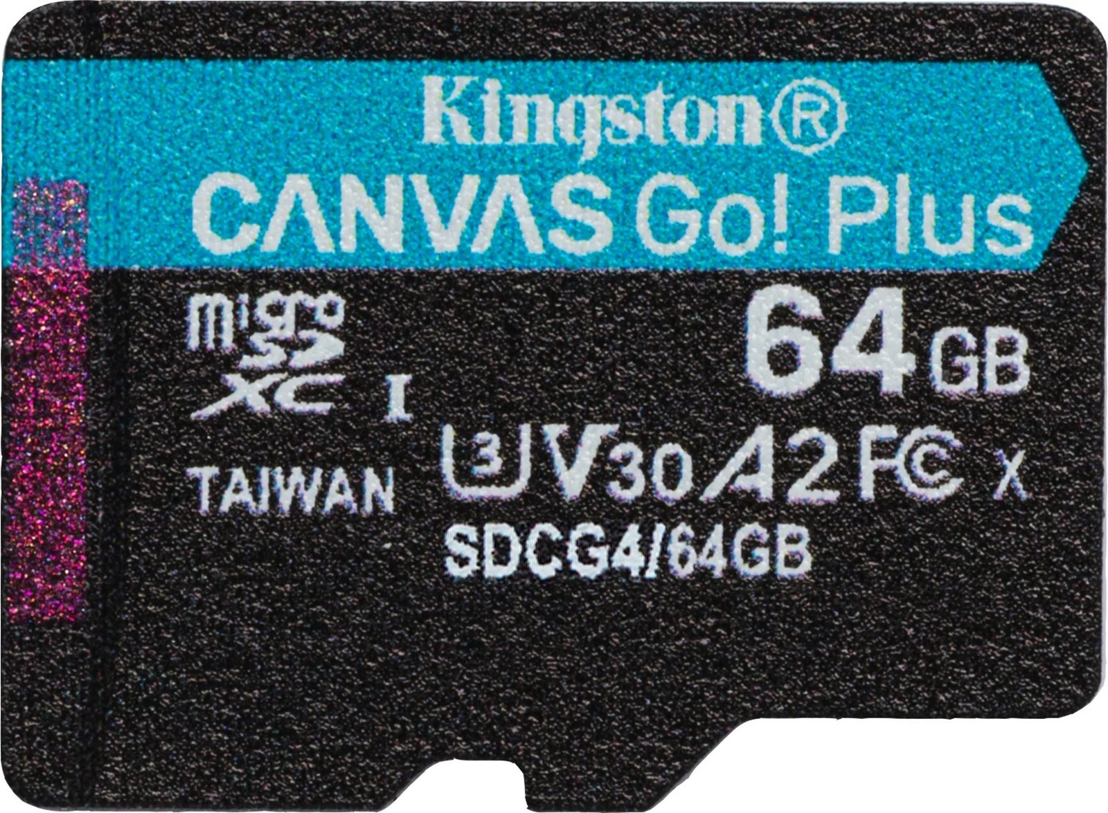 MicroSD kartelë Kingston Canvas Go Plus 64GB, A2, U3, V30, me adapter, e zezë/turkeze