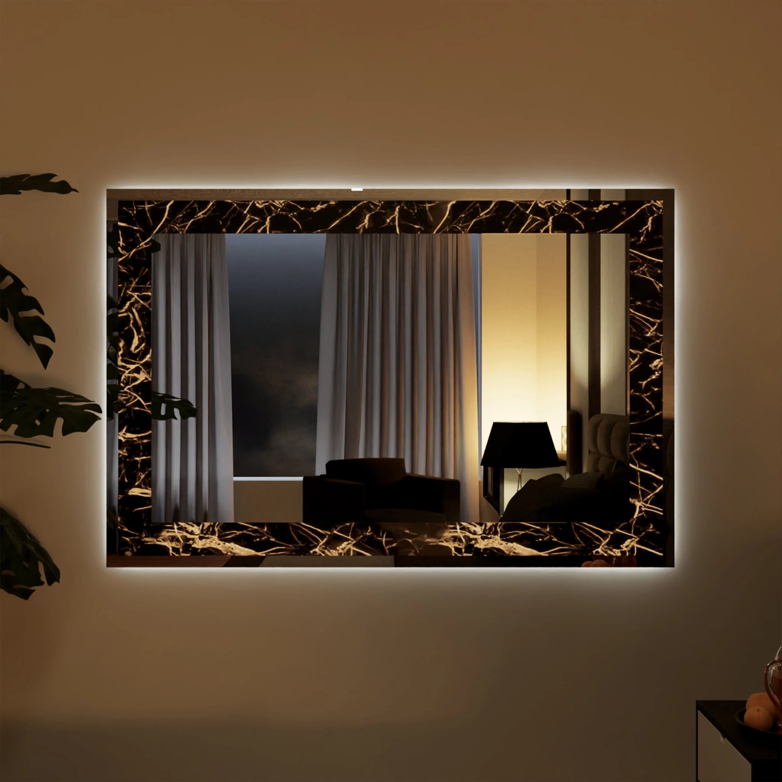 Pasqyre me led – Pasqyre me teksture mermeri te zi dhe LED te ftohte