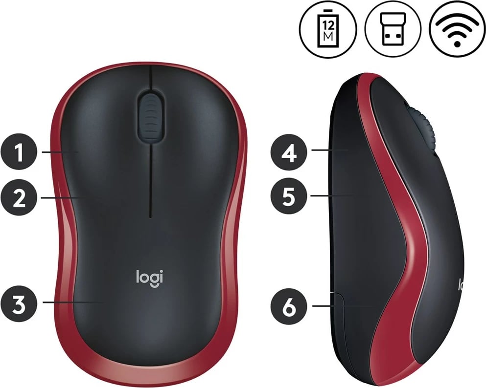 Maus Logitech M185, wireless, i zi/kuq