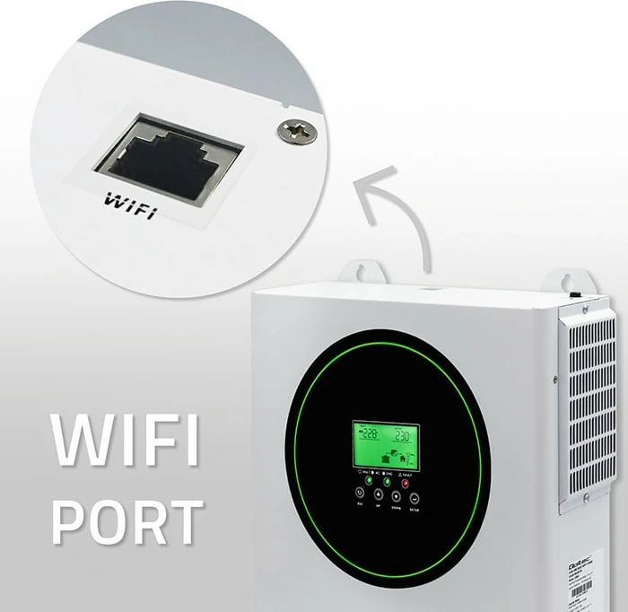 Inverter solar hibrid Qoltec 53863, 1500W, 100A, 12V, MPPT, Sinus i pastër, Wi-Fi, Bardhë/Gjelbër