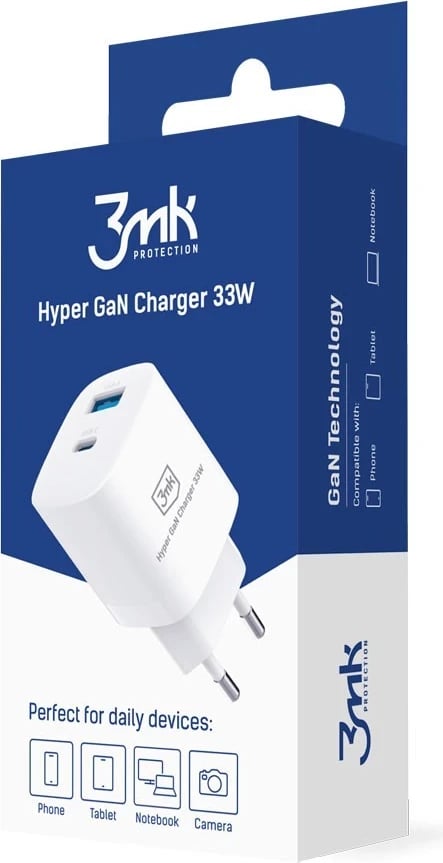 Karikues USB-A/USB-C, 3MK Hyper GaN, 33W, i bardhë 