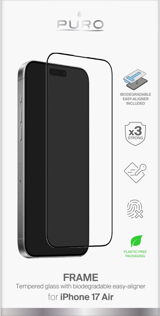 Xham i temperuar Puro Frame për iPhone 17 Air me aplikator, kornizë e zezë