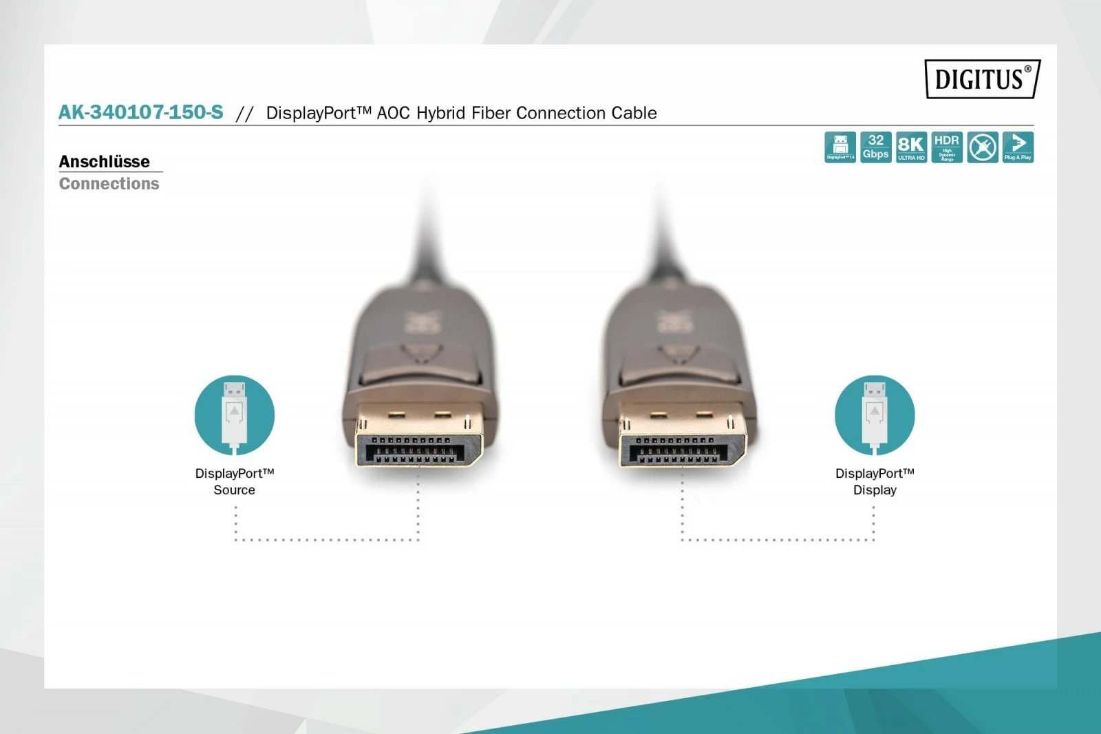 Kabllo DisplayPort Digitus AK-340107-150-S, 15m, 8K/60Hz, e zezë