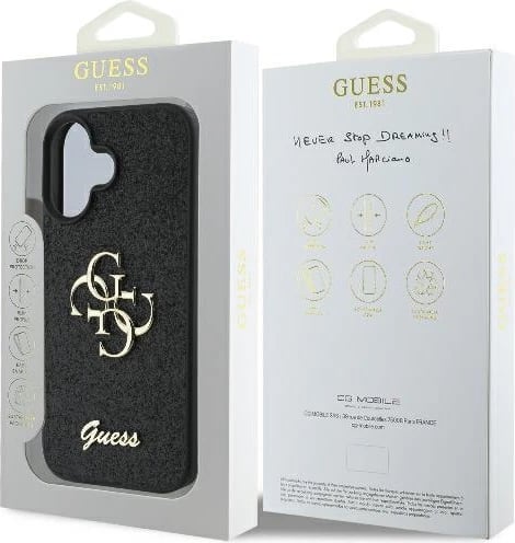 Mbështjellës Guess Fixed Glitter Big 4G për iPhone 16 Plus, zi Mbështjellës Guess Fixed Glitter Big 4G për iPhone 16 Plus, zi