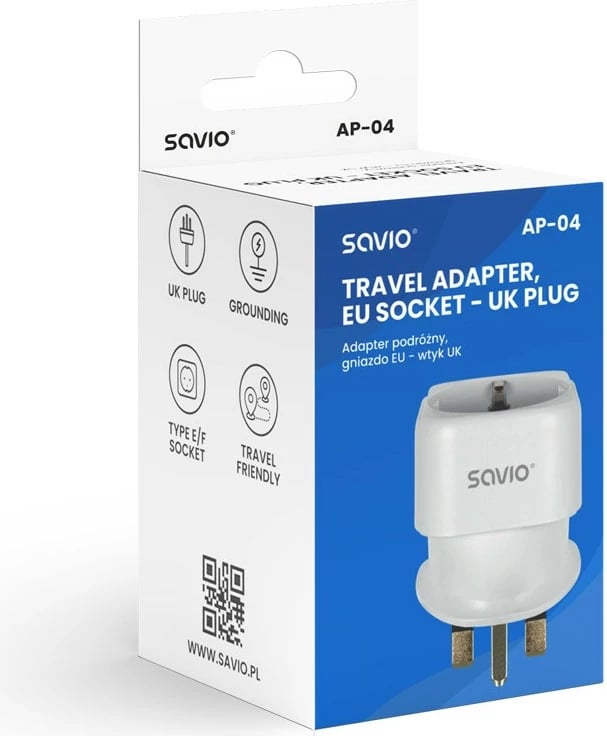 Adapter udhëtimi Savio AP-04, prizë EU në plug UK, i bardhë