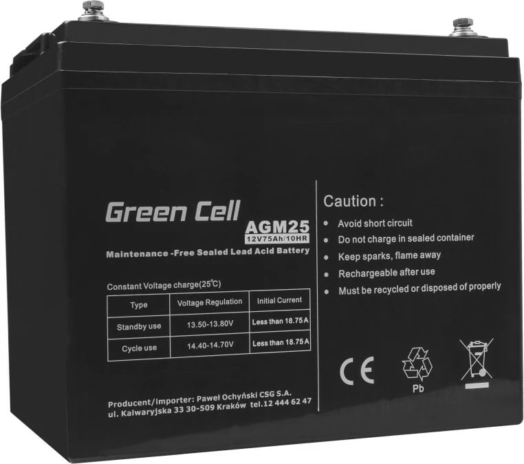 Bateri AGM, Green Cell, AGM25, 12V 75Ah, e zezë