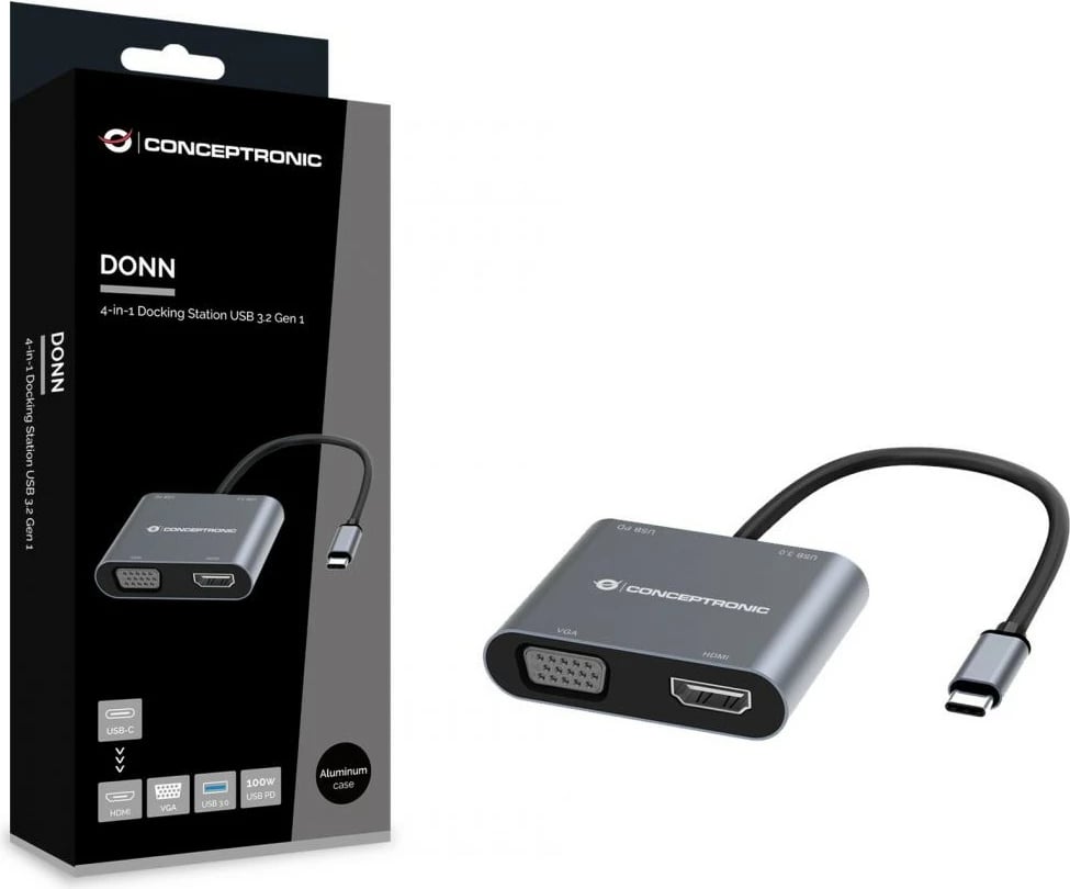 Dock Conceptronic 4-1 USB-C në HDMI, VGA, USB 3.0, 100W PD, 15cm, gri