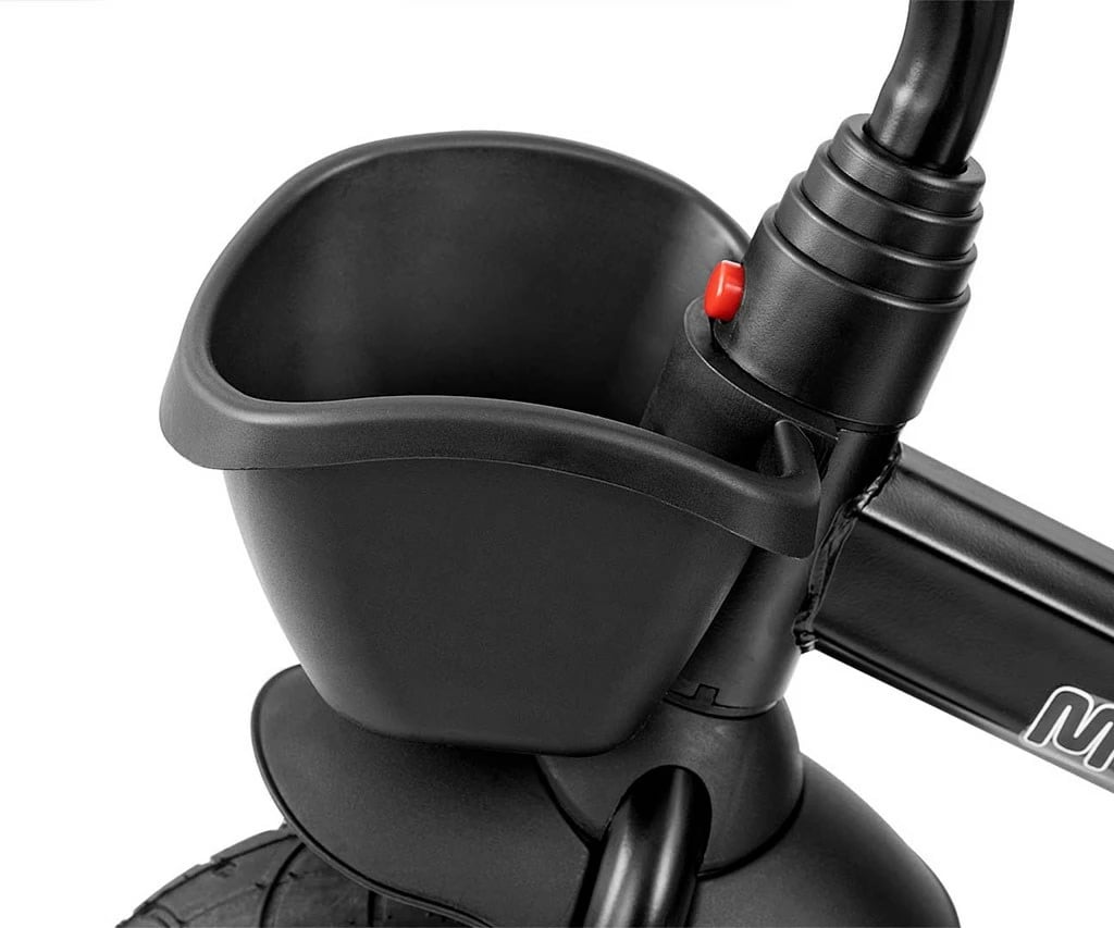 Tricikël me dorezë shtytëse, Milly Mally Movi, sedilje 360°, rrota të fryra, rripa 3‑pikësh, blu