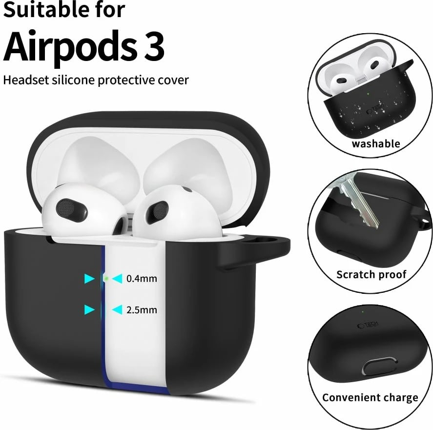Mbështjellës Tech-Protect për AirPods 3, silikon, me karabinë, i zi