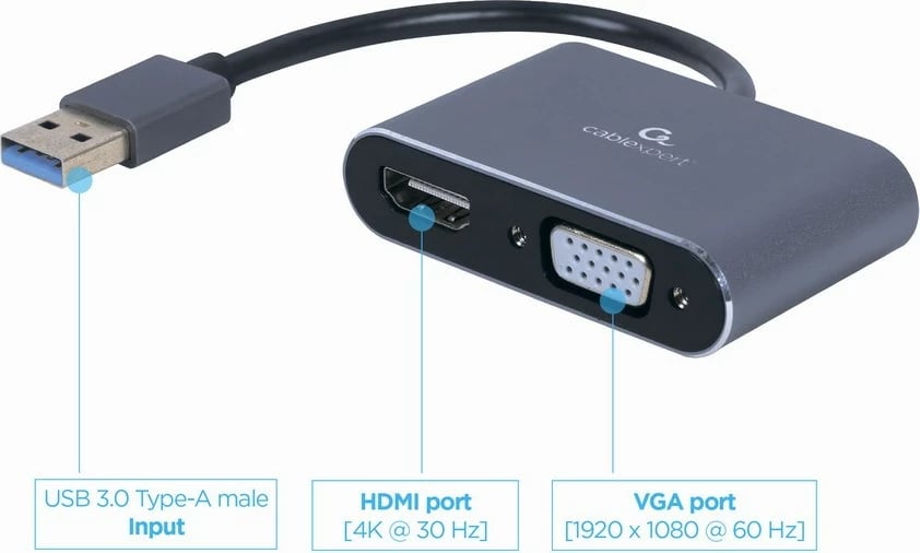 Adapter USB 3.0 në HDMI dhe VGA Gembird A-USB3-HDMIVGA-01, Gri
