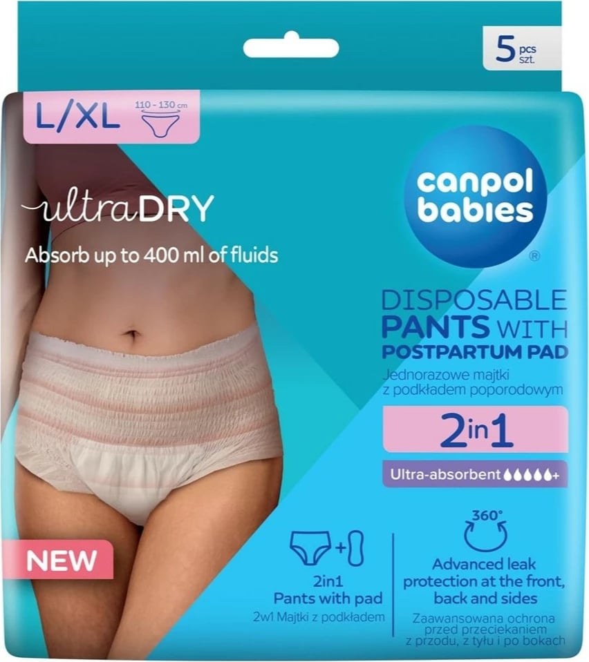 Mbathje të disponueshme pas lindjes 2-në-1 me jastëk Canpol Babies L/XL për femra, 5 copë