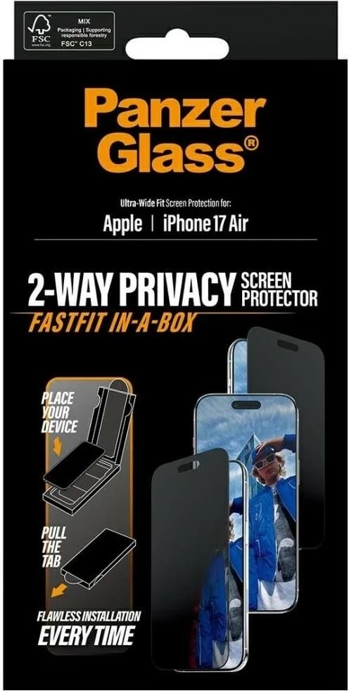 Mbështjellës PanzerGlass Ultra-Wide Fit Fastfit për iPhone 17 Air, privacy glass, e zezë