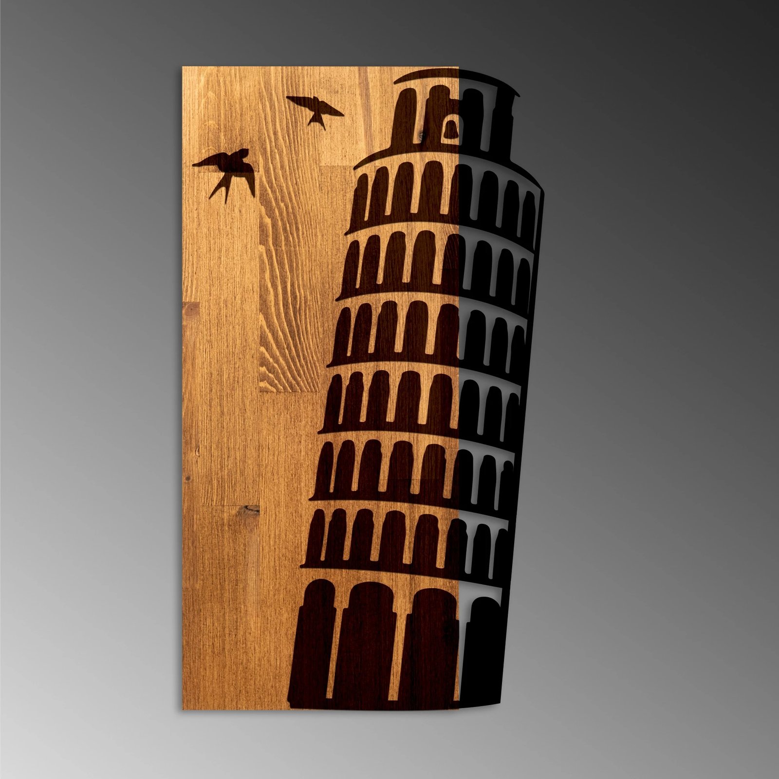Aksesor dekorativ për mur, dru dhe metal, Kulla e Pizës, ngjyrë arre dhe e zezë