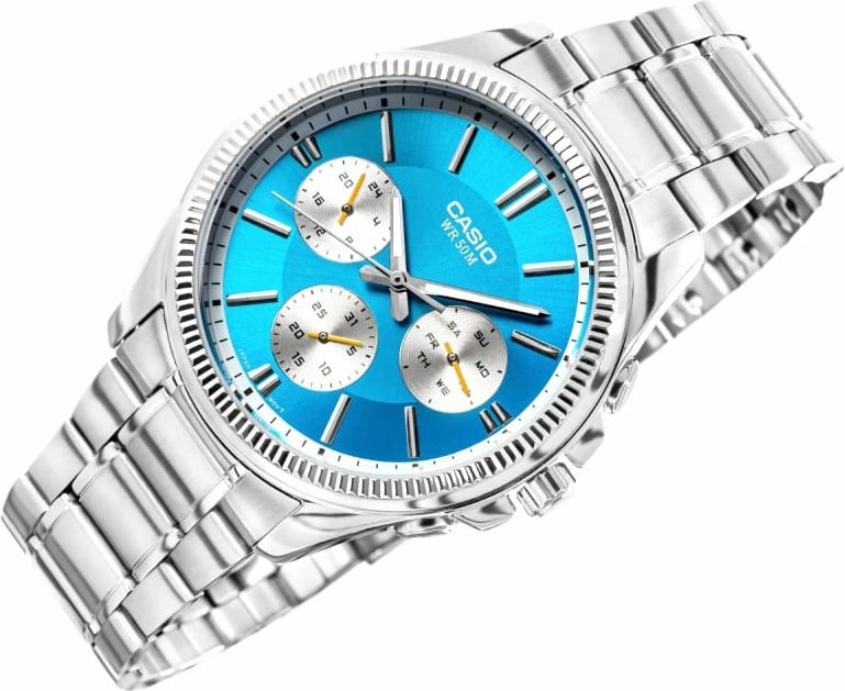 Orë dore për meshkuj CASIO, argjendtë me të kaltër