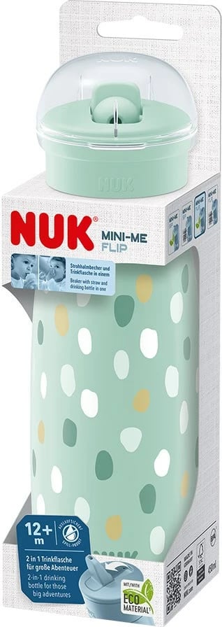 shishe për fëmijë, NUK, Mini-Me Flip, grykë 2-në-1 me kashtë, 450 ml, e gjelbër