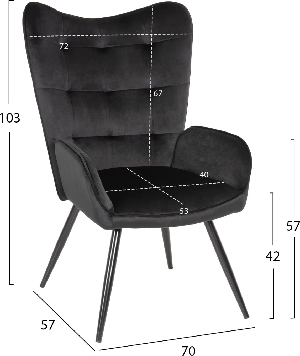 Karrige me mbështetëse për këmbë CRAWLEY FH8918.04, kadife e zezë, këmbë metalike, 70x57x103Hcm
