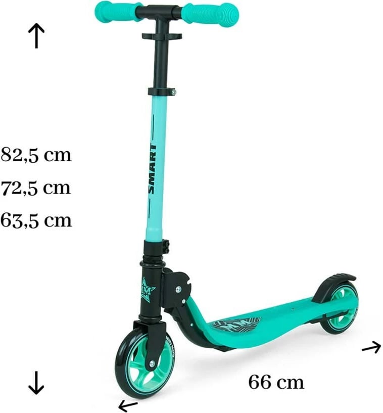 trotinet Milly Mally Smart, rrota PU 145/120 mm, ngarkesa max 100 kg, lartësi 63.5–82.5 cm, palosje e shpejtë, mint