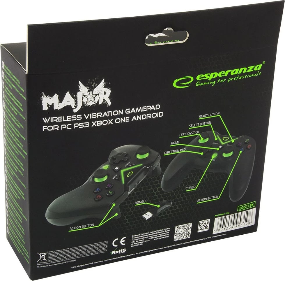 Gamepad wireless Esperanza EGG112K për PC/PS3/Xbox One, i zi