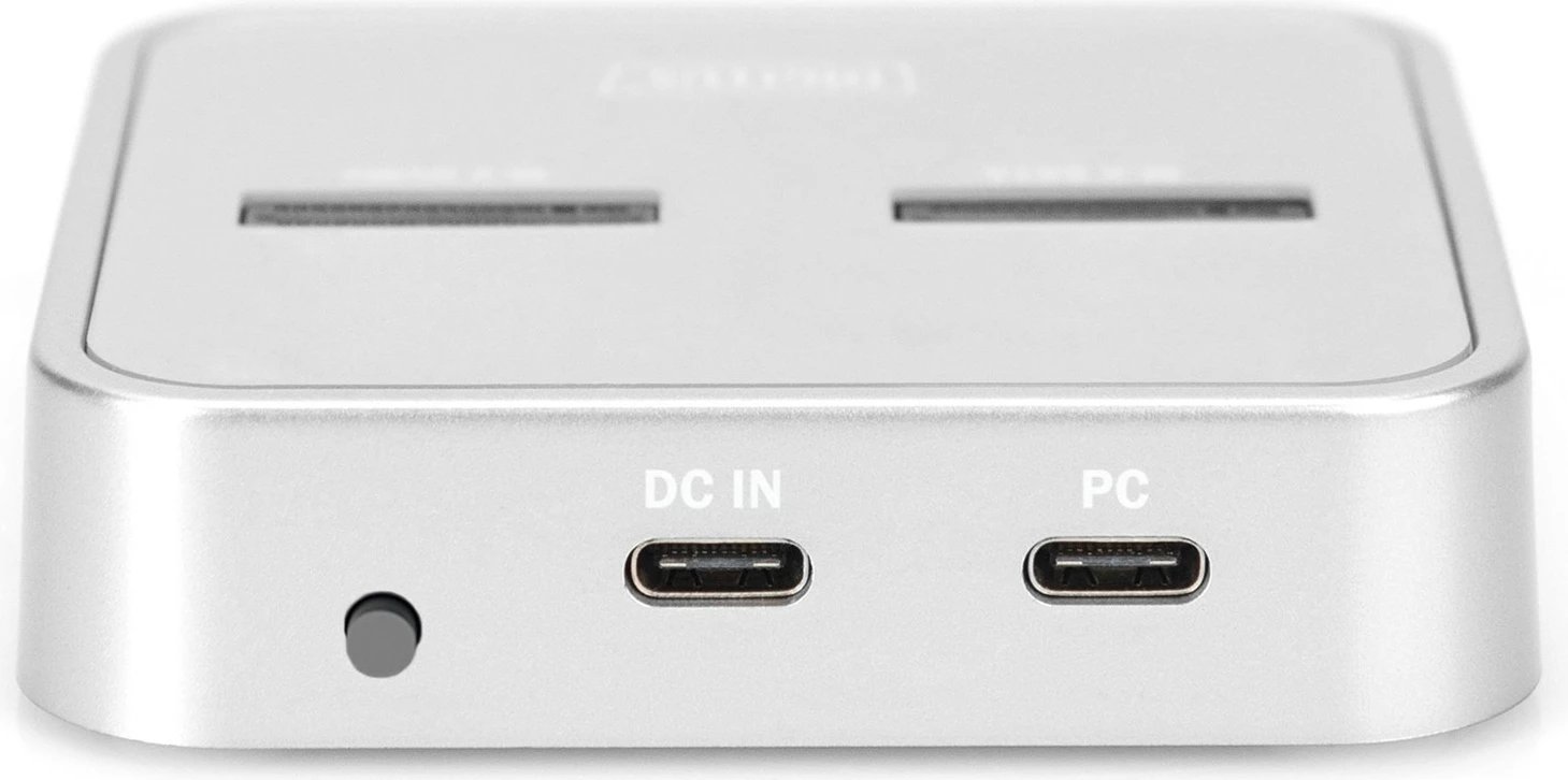 Stacion docking DIGITUS DA-71546 për M.2 NVMe + M.2 SATA SSD me lexues SD Express, USB-C, argjendtë