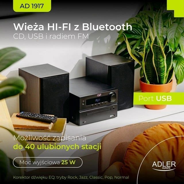 Mini tower HI-FI Adler AD 1917 me Bluetooth, CD, USB, FM Radio, e zezë