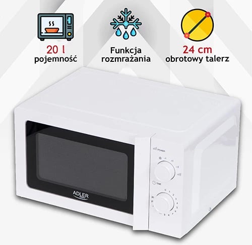 Furrë me mikrovalë, Adler AD 6205, 20 L, 700 W, 5 nivele, defrost, kontroll mekanik, e bardhë