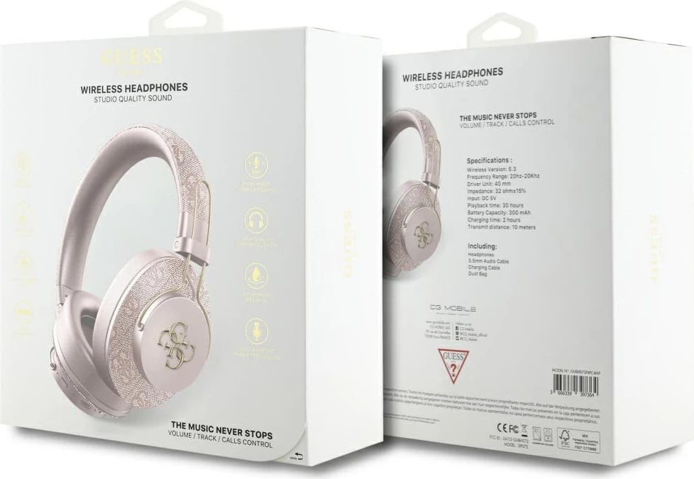 Kufje Guess Metal 4G Logo on-ear, Bluetooth 5.3, rozë, me çantë mbrojtëse