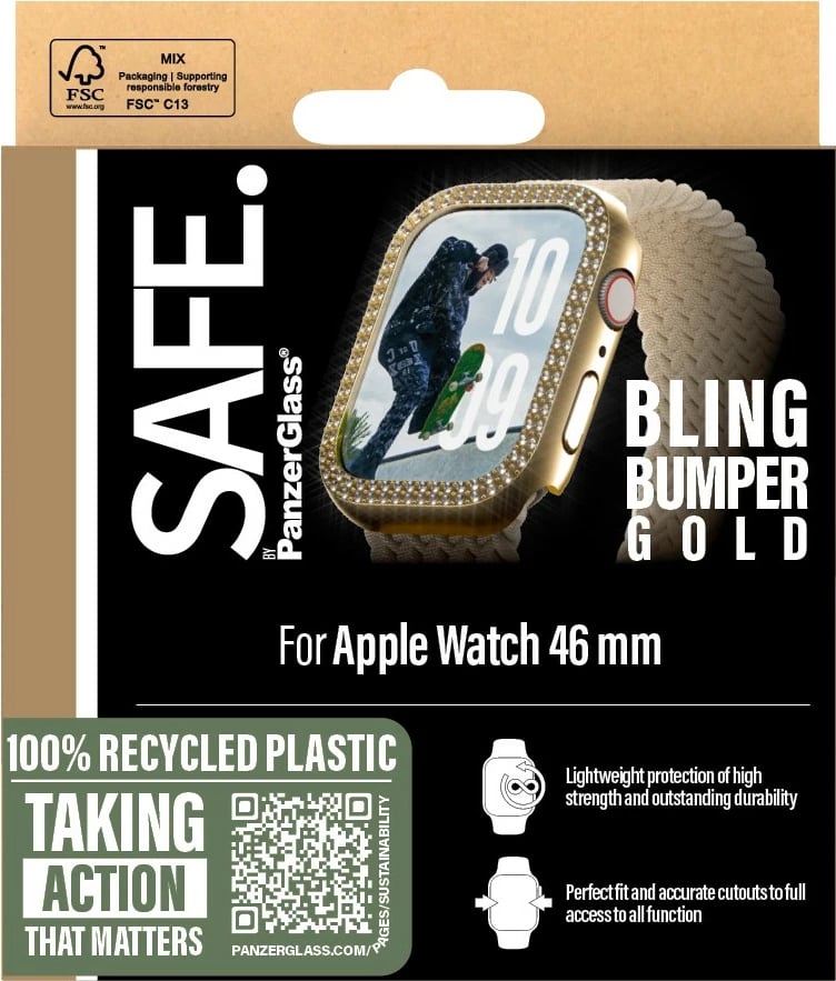 Mbështjellës PanzerGlass SAFE Bling Bumper për Apple Watch 10/46mm, transparent, gold