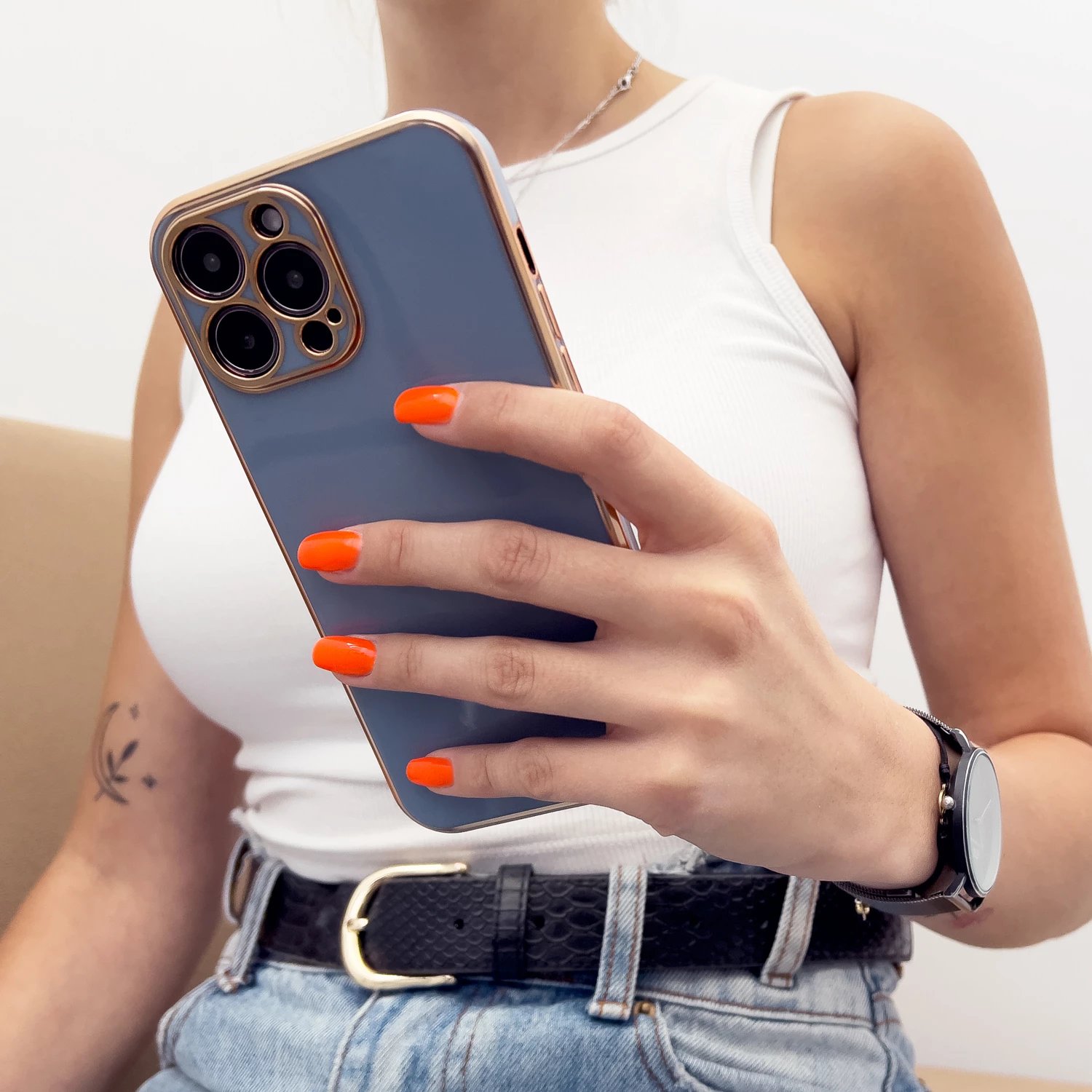 Mbështjellës Hurtel Lighting Color Case për Samsung Galaxy A13 5G, TPU, Bardhë me kornizë të artë
