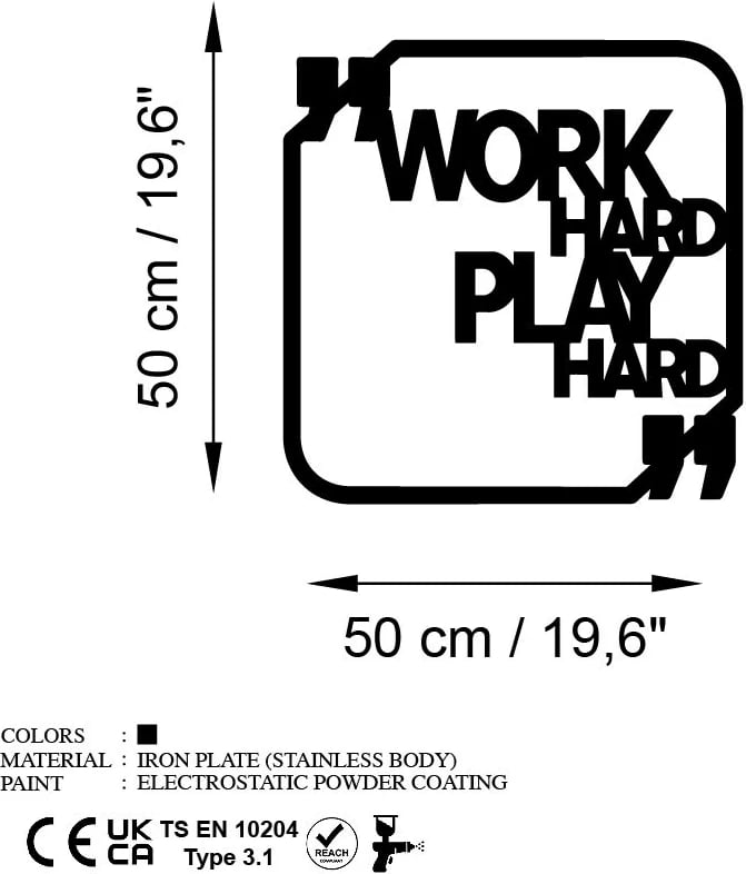 Aksesor dekorativ metalik për mur, Wallity, Work Hard Play Hard, ngjyrë e zezë, 50x50cm
