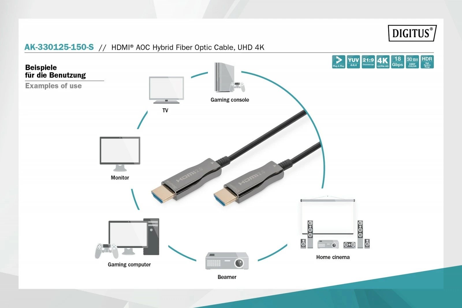 Kabllo HDMI Digitus AK-330125-150-S, 15m, Hybrid Premium HighSpeed 4K/60Hz, e zezë