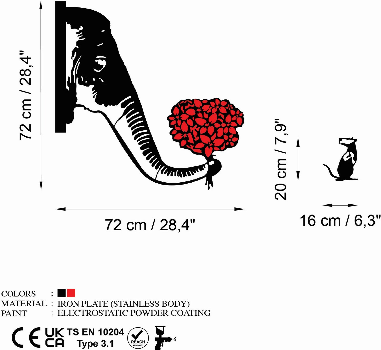 Aksesor dekorativ metalik për mur, Wallity Banksy Metal 04, zi dhe e kuqe, 72x72cm