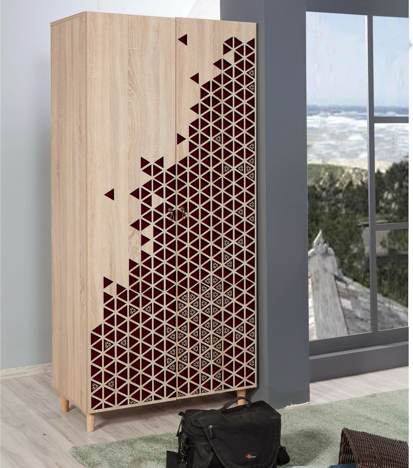 Dollap modern, ngjyrë sonoma oak, këmbë druri, doreza metalike e litar, Stil - 122, Skye Decor, 90x192x52cm