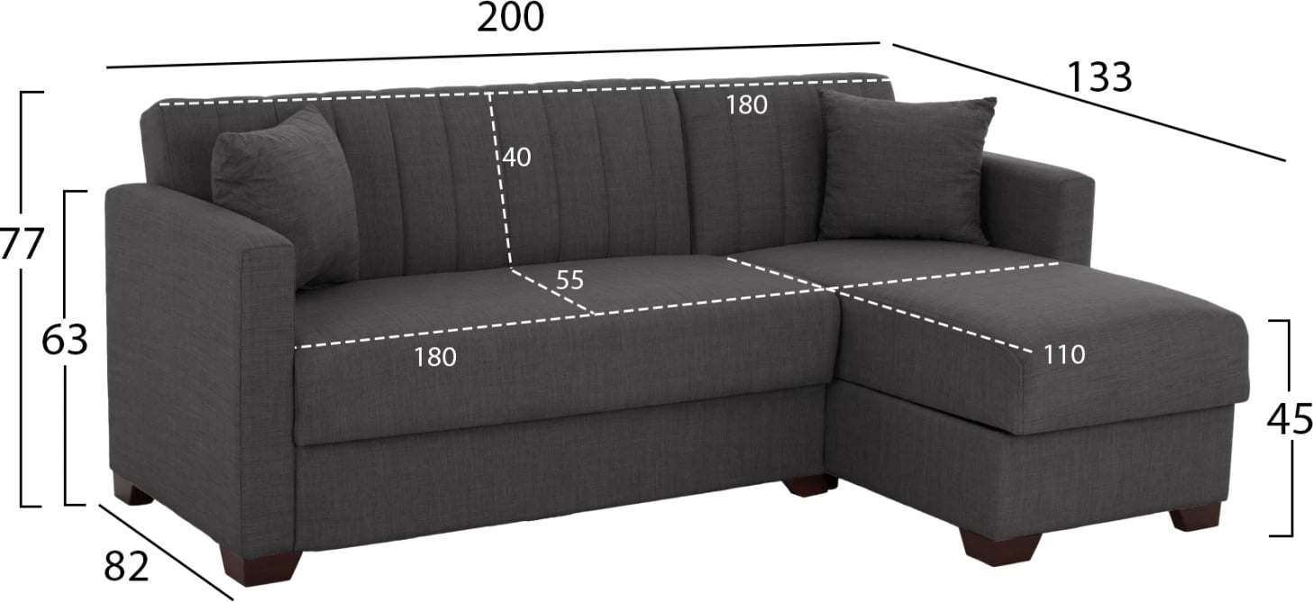 Divan qoshe GHUFRAN, gri, i kthyeshëm, 200x133x77cm