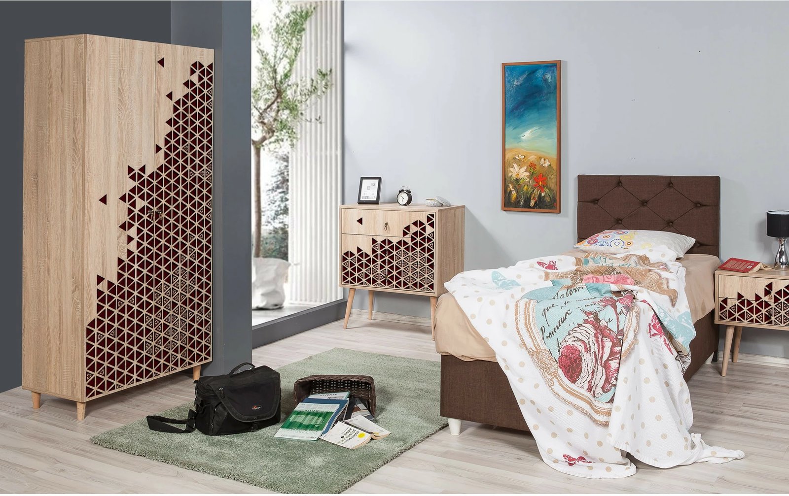 Dollap modern, ngjyrë sonoma oak, këmbë druri, doreza metalike e litar, Stil - 122, Skye Decor, 90x192x52cm