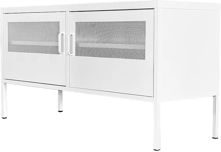 TV komodinë metalike Nextdeco me dyer të hapura, e bardhë H60x118x40cm