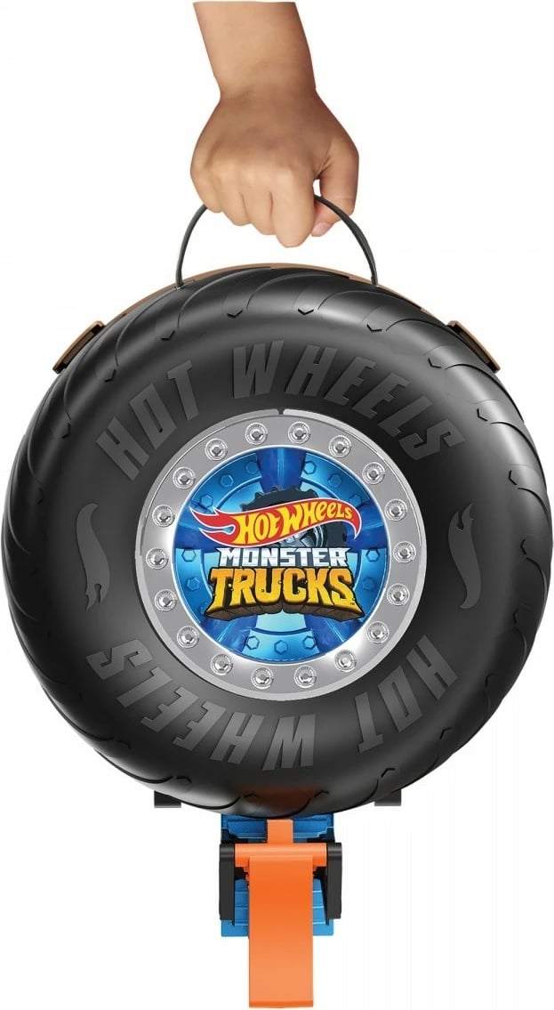 Set lodrash Hot Wheels Monster Trucks Stunt Arena Tire me makinë Tiger Shark dhe makinë Hot Wheels, zi/portokalli