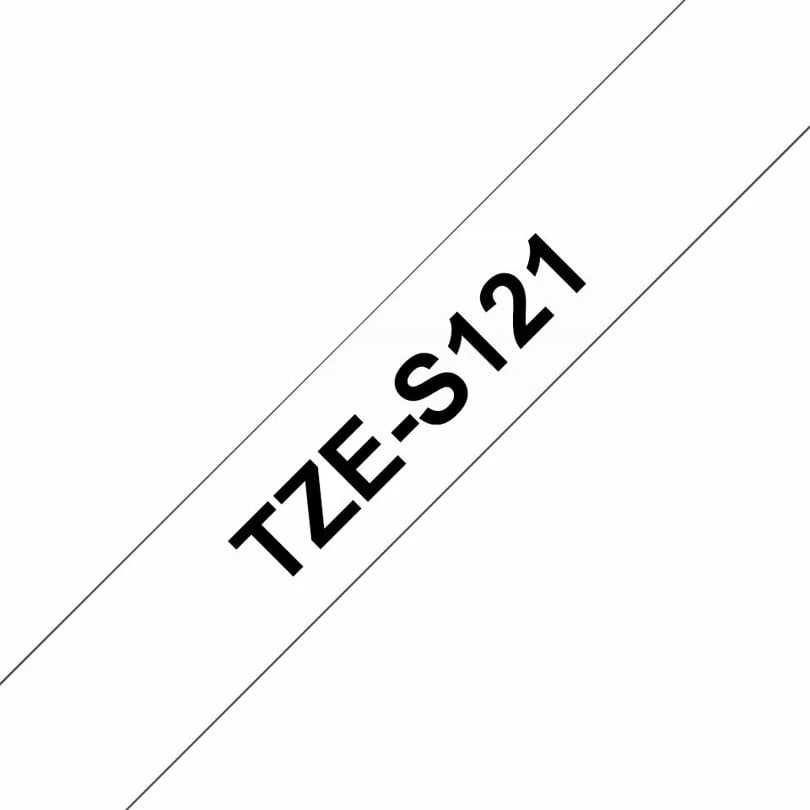 Kasetë etiketuese Brother TZe-S121, 9mm, tekst i zi mbi transparent, ngjitës i fortë, 8m