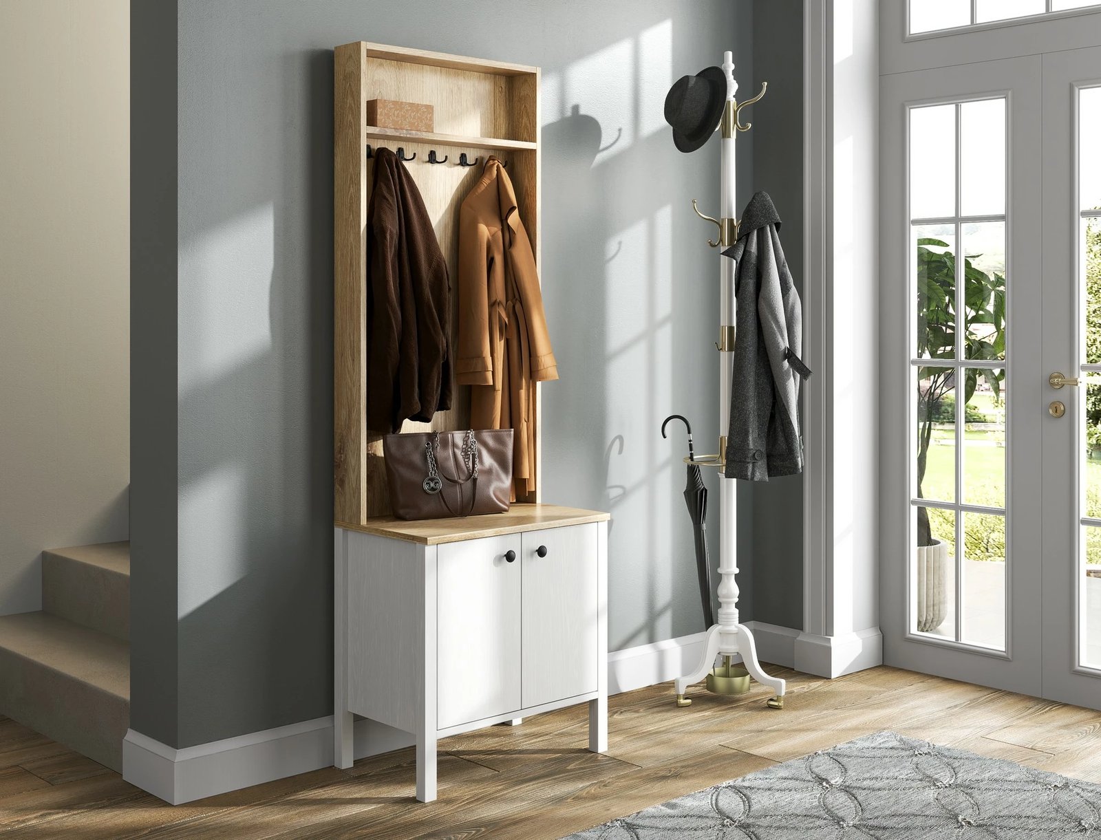 Stendë korridori Hanah Home, FRN-20077, ngjyrë druri dhe e bardhë