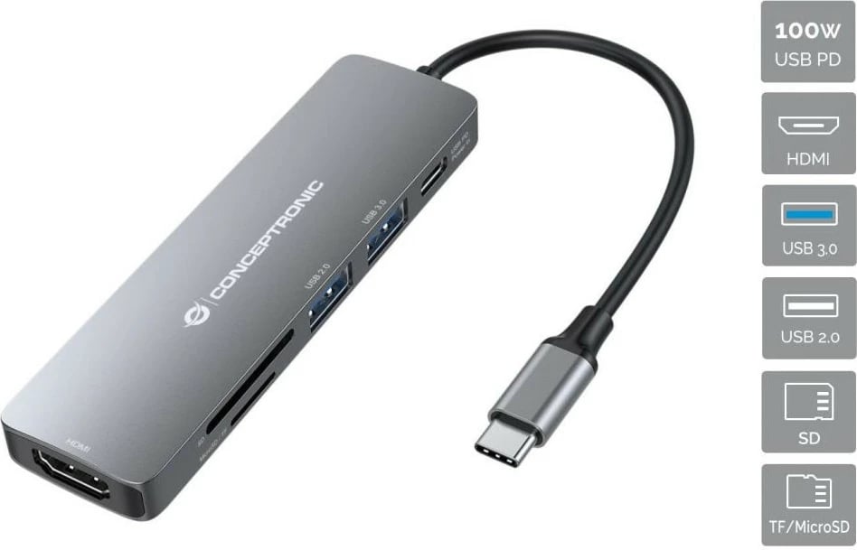 Dock USB-C Conceptronic 6-1, HDMI, 2xUSB-A, SD, TF/MicroSD, 15cm, gri