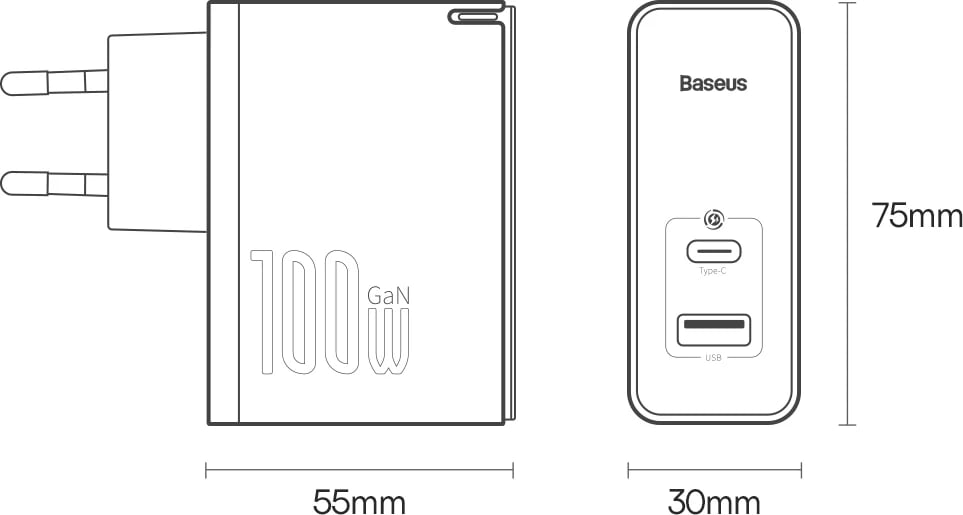 Karikues muri Baseus GaN5 Pro, 100W, 2 porta (USB-C/USB-A), i zi