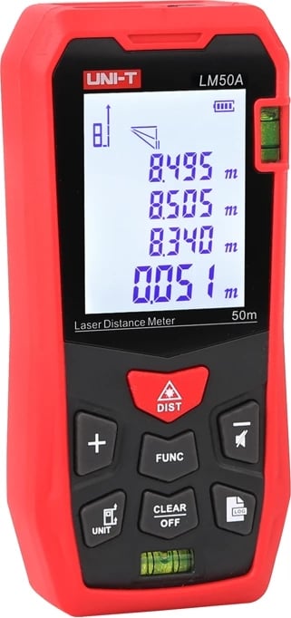 Matës distance me lazer UNI-T LM50A 50 m ekran 2\" memorie 99 matje me këllëf i kuq/zi