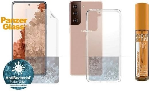 Set mbrojtës PanzerGlass për Samsung Galaxy S21+, folje TPU + Mbështjellës ClearCase + sprej pastrues 30ml, Transparent